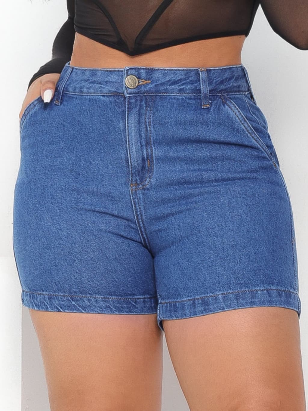 Short Jeans Feminino Cintura Alta Com Bolso Social Bermuda Modelagem Confort para festa e passeios