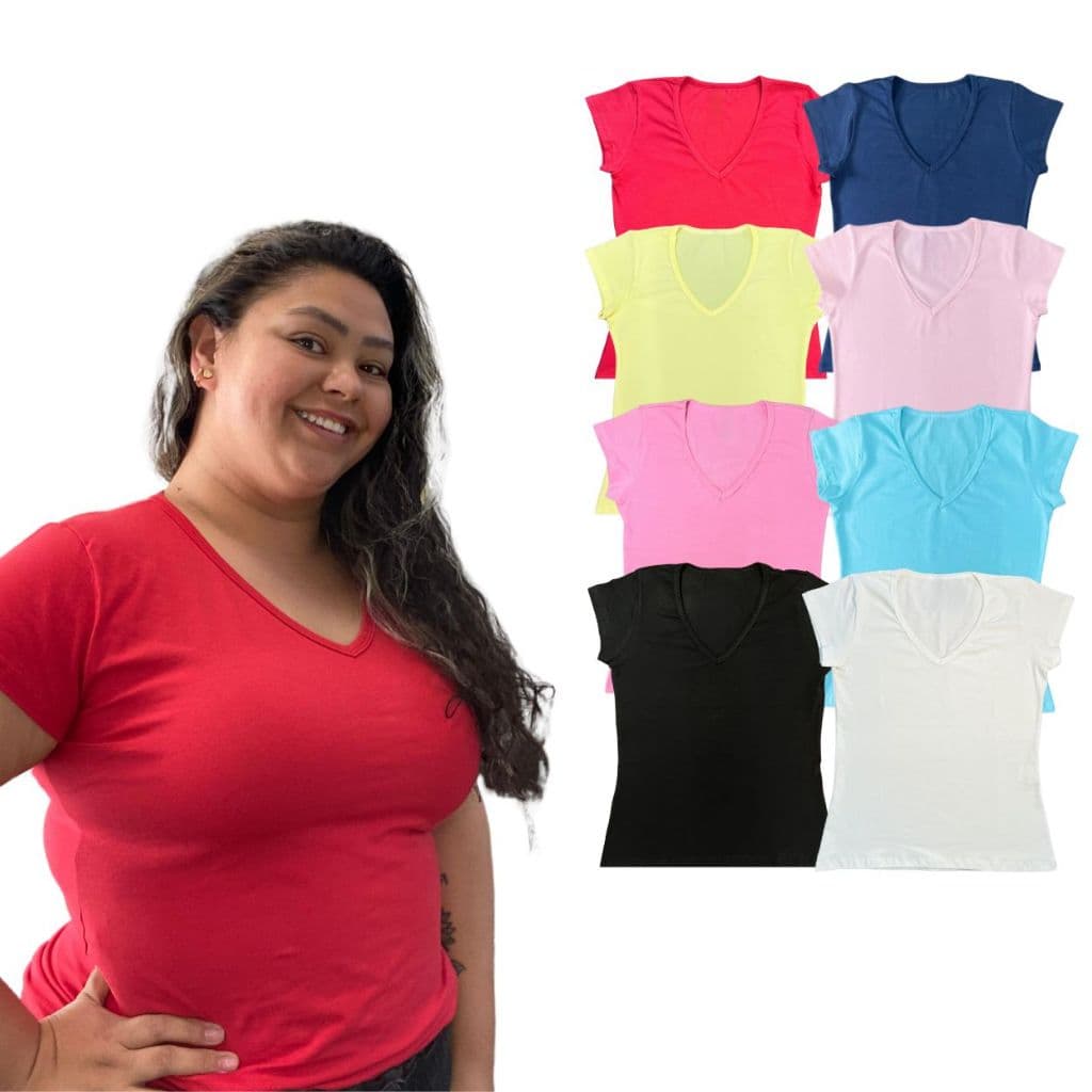 kit 3 blusa feminia plus size basica decote v manga curta, algodão, confortável, moda plus size