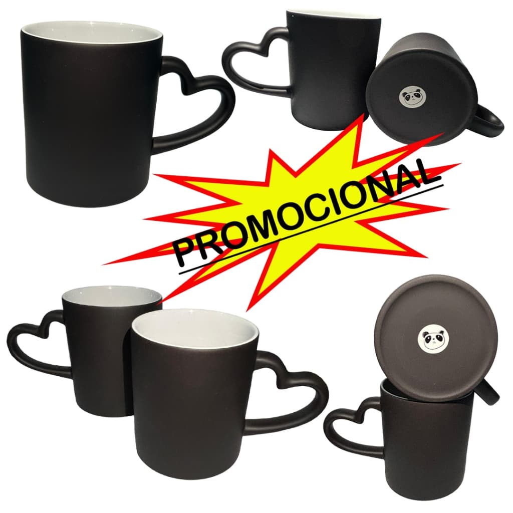 CANECA DE CERAMICA MÁGICA PRETA COM ALÇA CORAÇÃO - 325ml PANDA 6 UNIDADES
