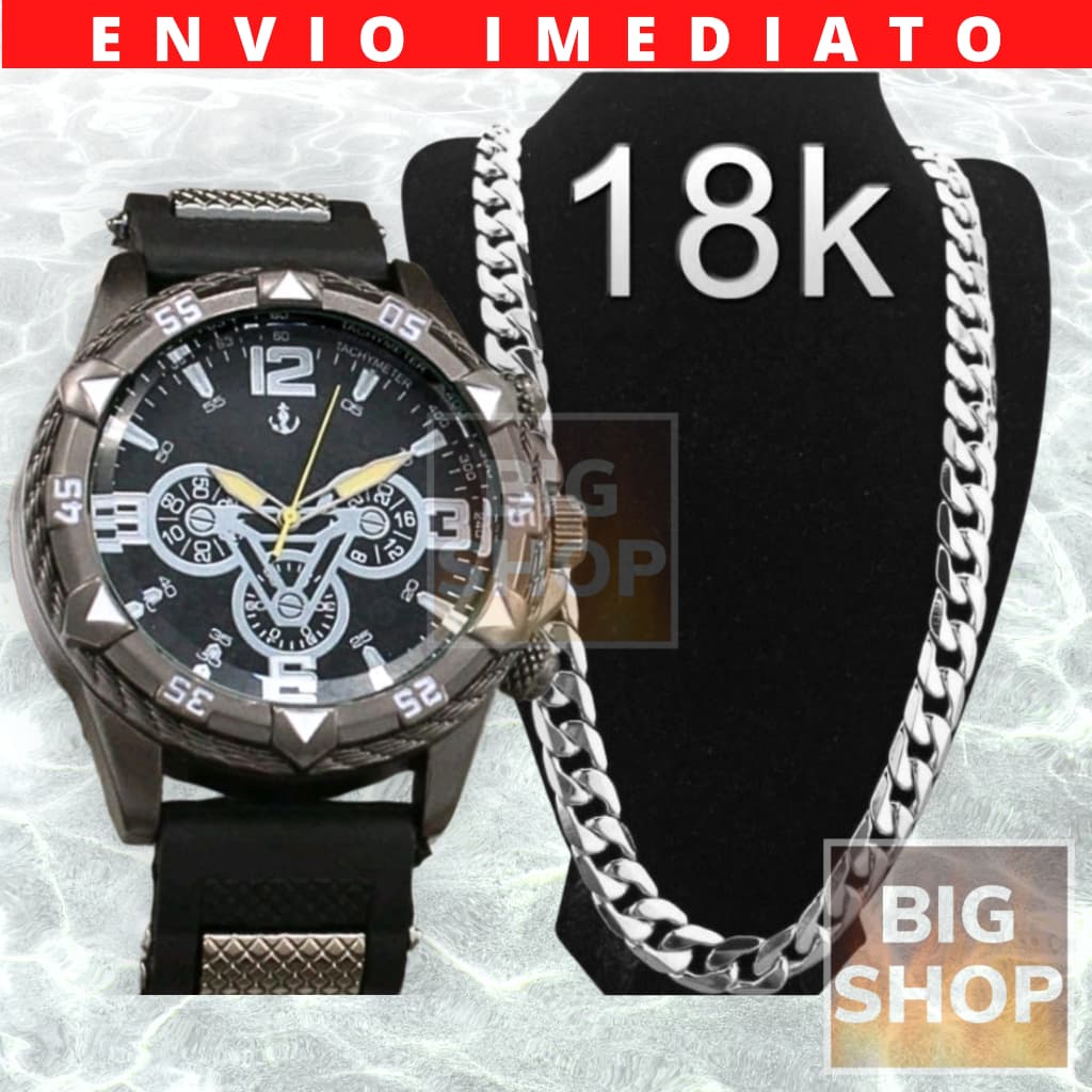Relógio Masculino Preto Black VALENTE Original Preto + CORRENTE 24K Prata 925 Banhado Preto RODIUM