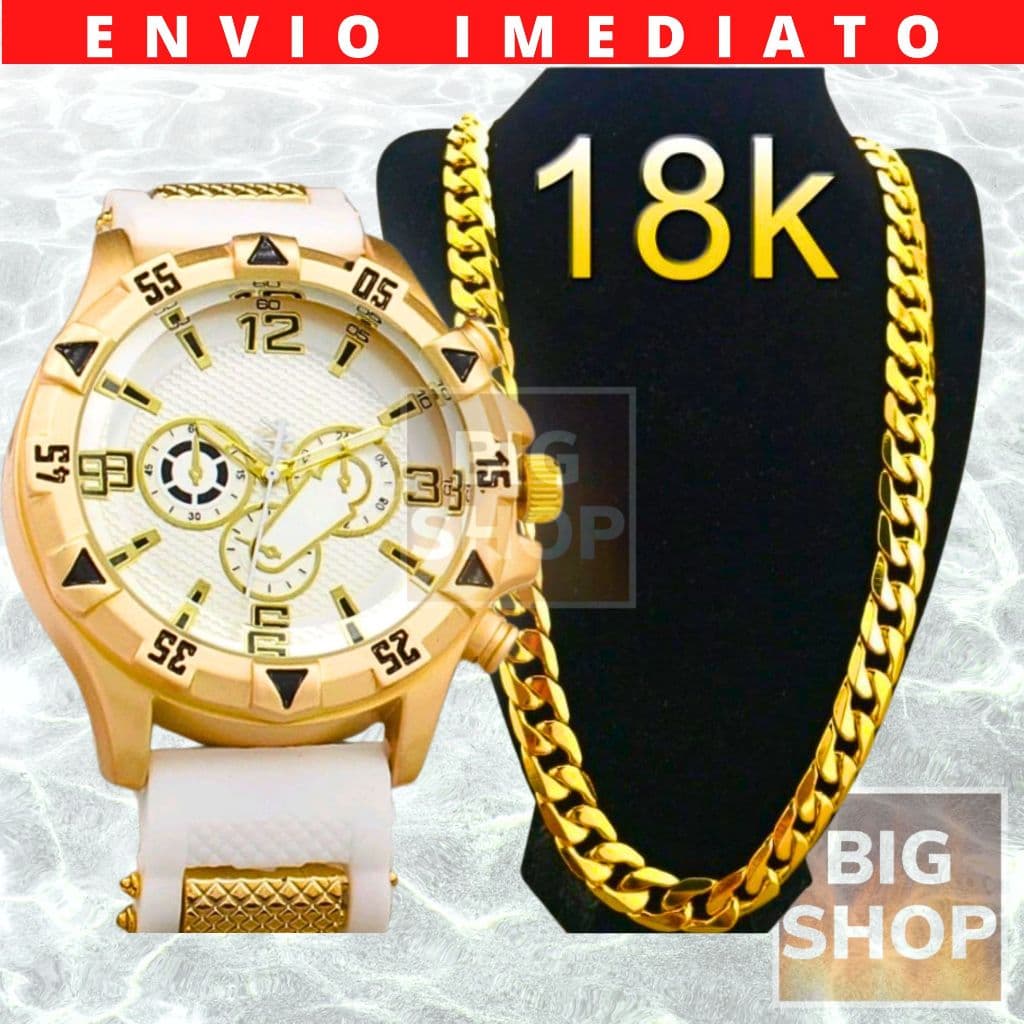 Relógio Masculino Branco VALENTE + CORRENTE 18K Dourada Silicone Metal Analógico Branco Dourado