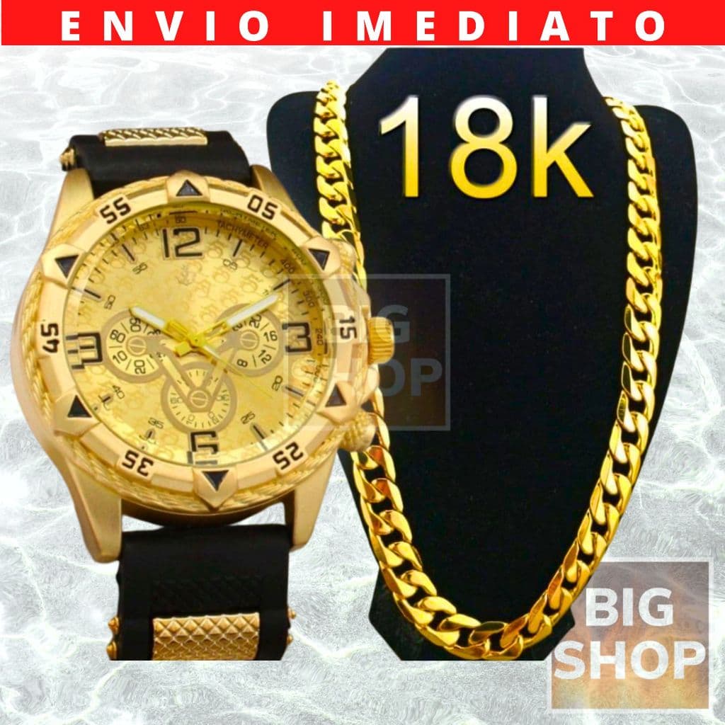 VALENTE Relógio Maculino de Silicone Analógico 18K Dourado + CORRENTE 18K Dourado
