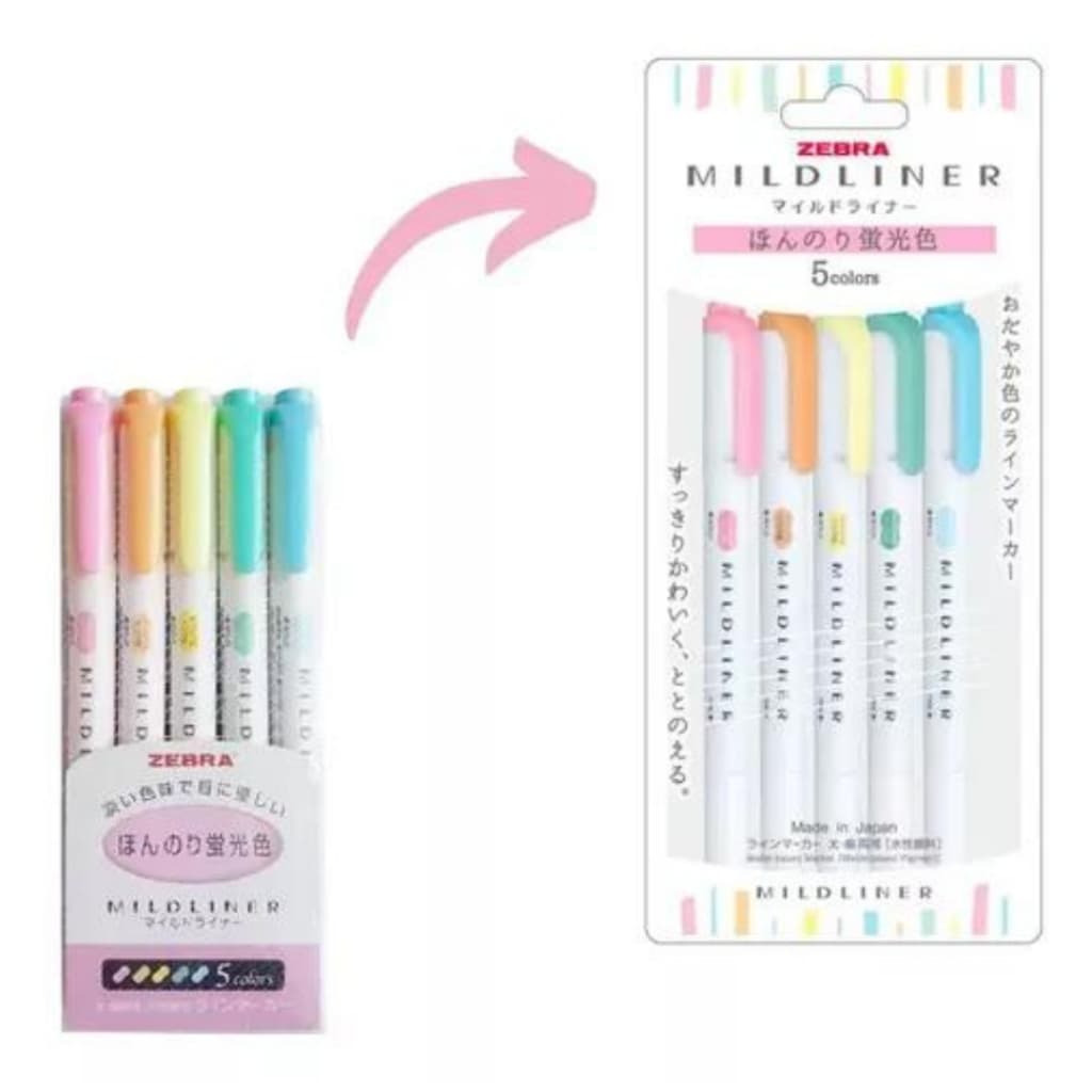Marcador Zebra Mildliner, caneta à base de água, forro suave Natural Pastel, ponta dupla para destacar, conjunto de 5 cores, Japão