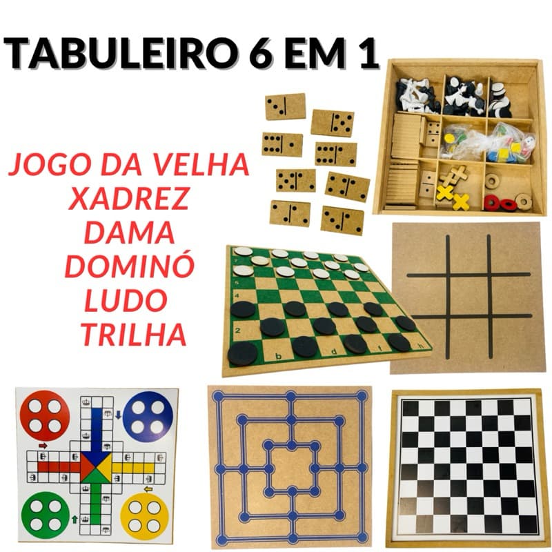 6 Jogos em 1 Tabuleiro Dama,Jogo da Velha, Ludo, Trilha, Dominó - Jogos Mesa Antigos 6x1