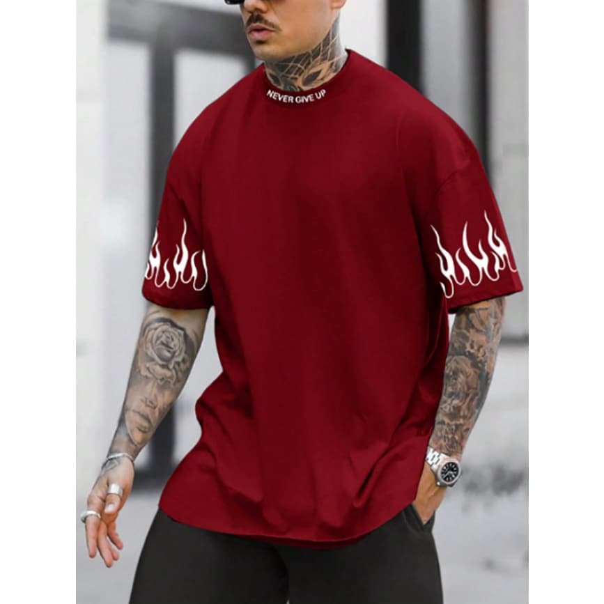 Camiseta Camisão Algodão Oversized Fogo Mangas  Streetwear Moda Masculina