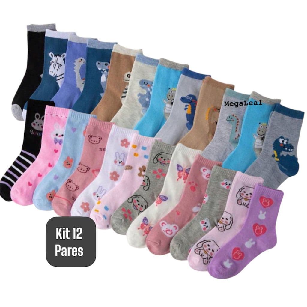 Kit 12 Pares de Meia Infantil Estampas Variadas Criança Bebê