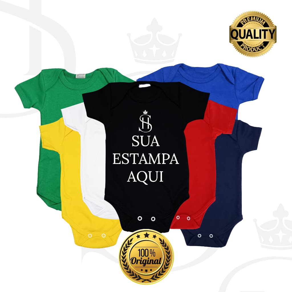 Body Infantil Bebê Preto 100% Personalizado com Arte Opção de Cores e Estampa para Frente e Costas