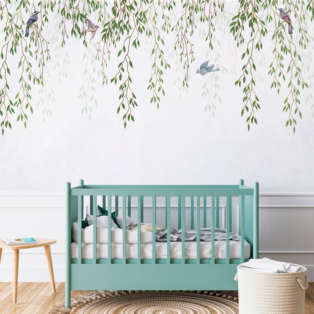 Papel De Parede Floral Folhagem Verde Selva Com Passarinhos - Vinil Autocolante
