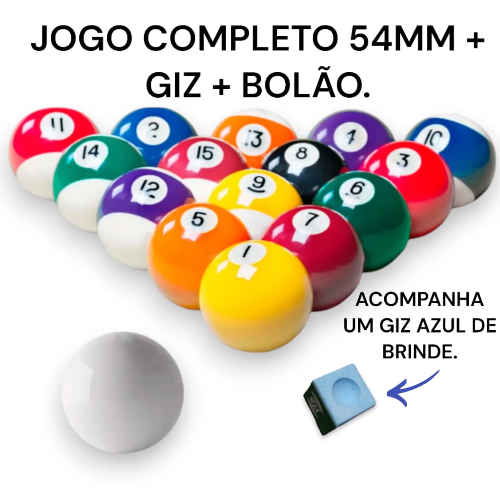 Bola De Sinuca 54mm Jogo De Bolas Importado  Completo + Giz + Bolão