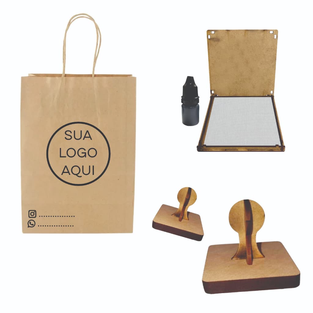 2 Carimbos - 5cm cada + almofada e tinta. Carimbo Personalizado Sacola Kraft Tecido Plástico Isopor