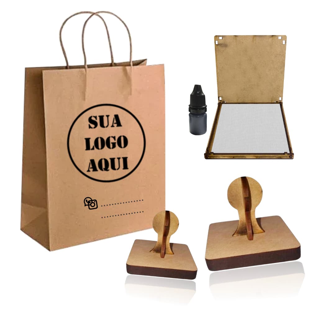 2 Carimbos- 12cm + 6cm + almofada e tinta. Carimbo Personalizado Sacola Kraft Tecido Plástico Isopor