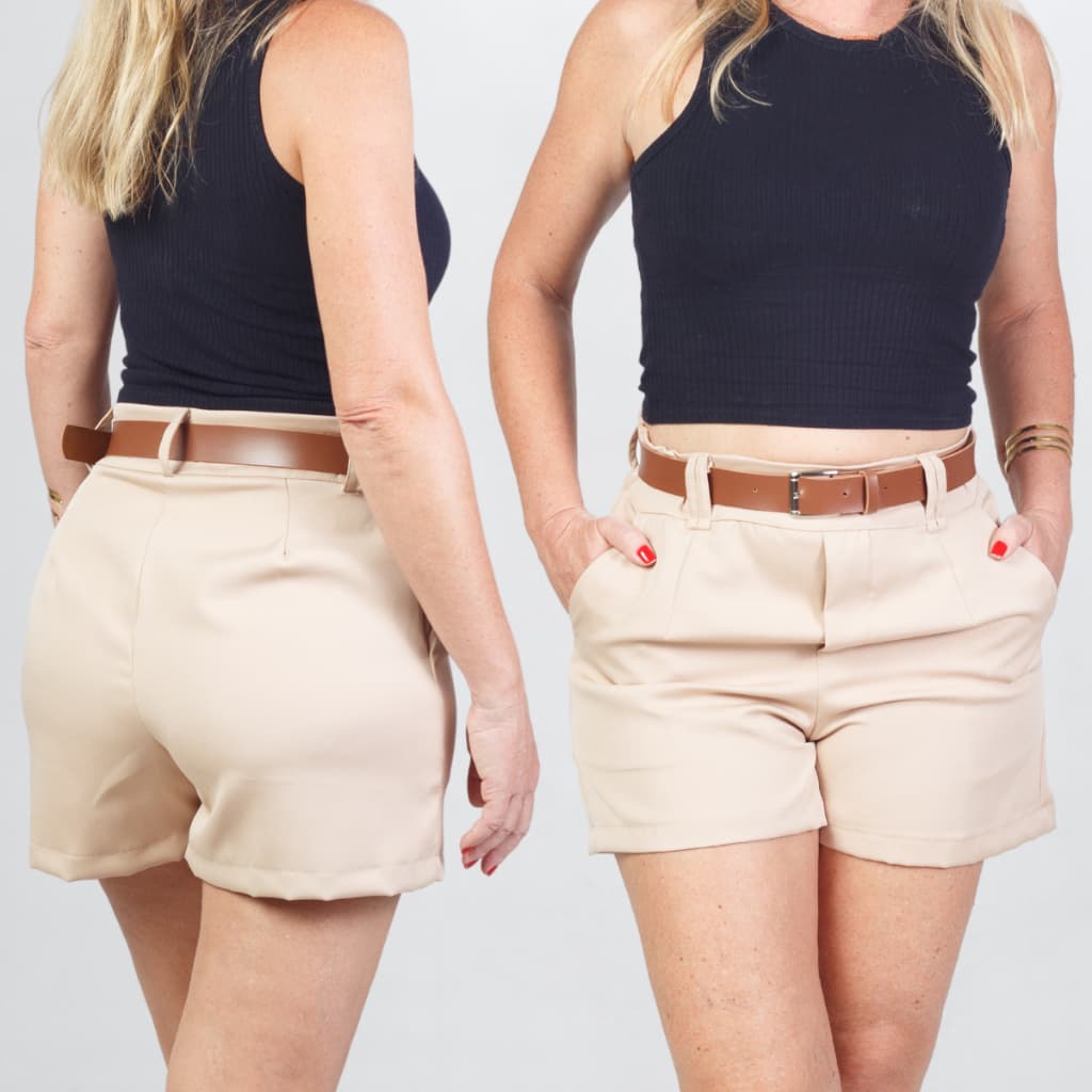 Short Alfaiataria Elegante Feminino Social Com Cinto Verão Cintura Alta Com Bolso