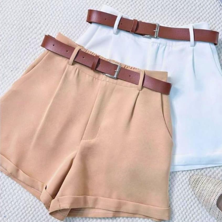 Short Alfaiataria Elegante Feminino Com Cinto Verão Cintura Alta Com Bolso Social