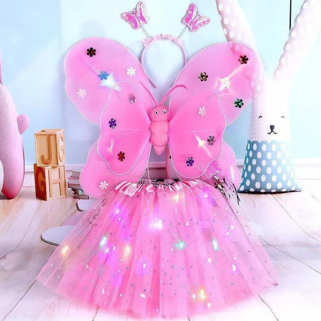 Kit Fada LED Saia + Tiara + Asa LED + Varinha  - Pisca Pisca Fantasia Festa / Carnaval