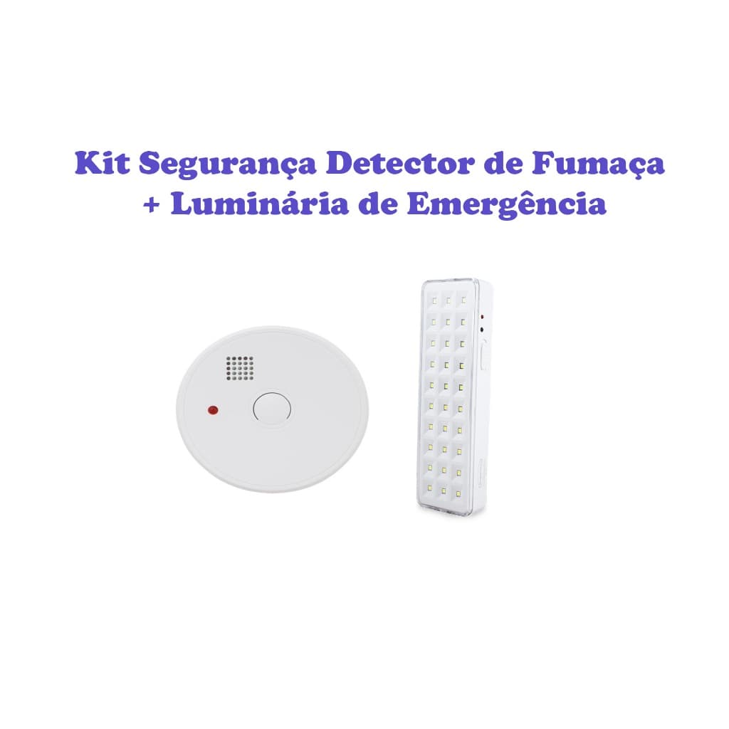 Kit Segurança Detector de Fumaça Autônomo a Bateria + Luminária Luz de Emergência Slim 30 LEDS