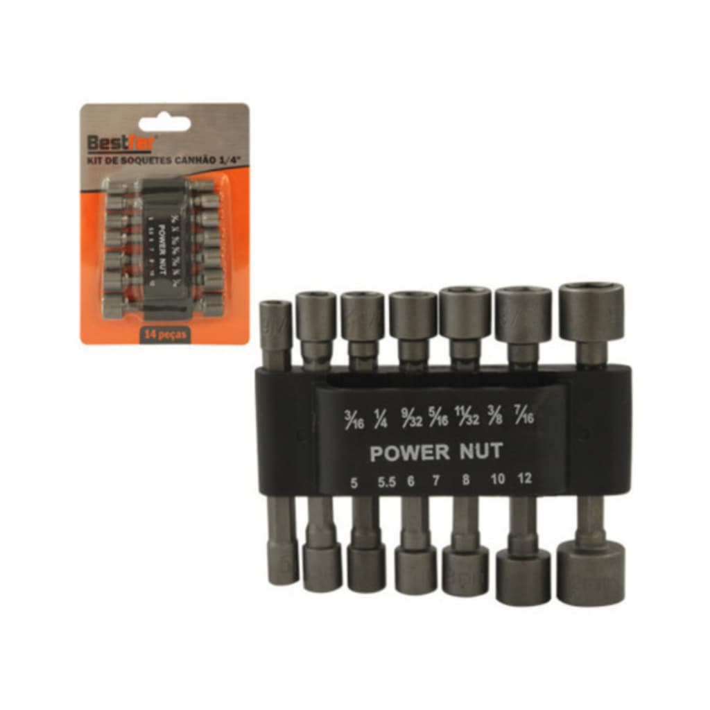 Kit Jogo 14 Bits Soquete Canhão Sextavado Profissional 1/4 Bestfer