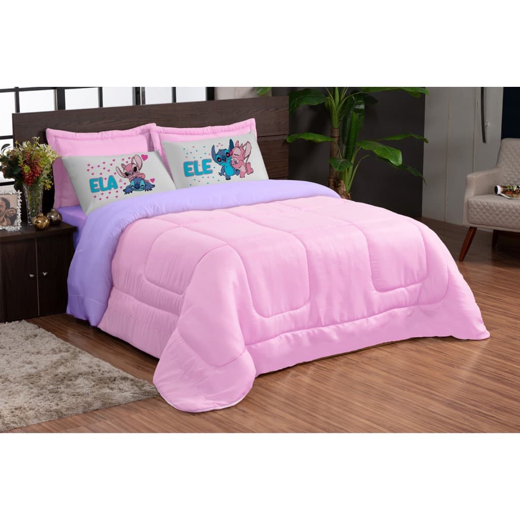 Kit Edredom Casal Padrão 3 peças Fronha Estampada Ele/Ela Cores Vivas