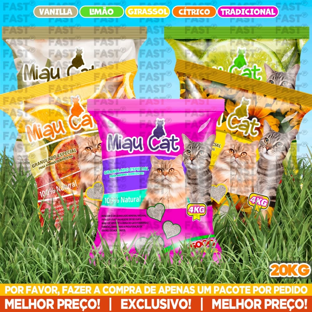 Kit Fardo 5 Pacotes de Areia Granulado Sanitário Miau Cat Perfumada Forma Torrões Alta Absorção Sanitário Para Gato 20KG