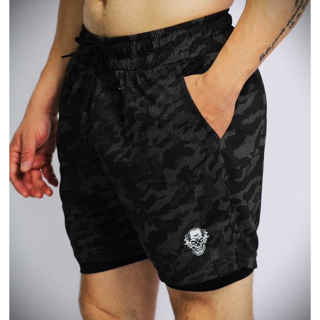 Bermuda Short Masculino Skull Black 2 em 1 Forro Duplo Fitness para Atividades físicas academia