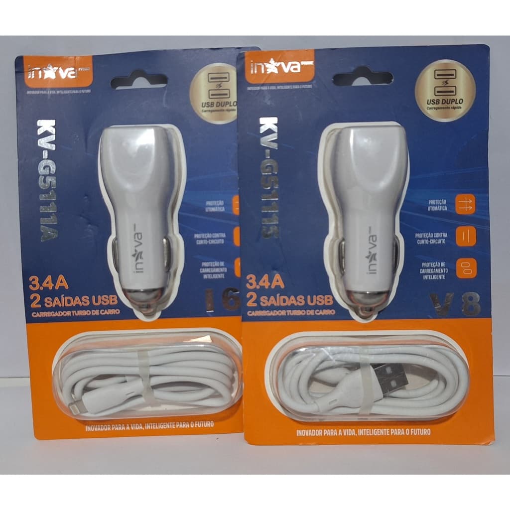 Carregador Veicular c/ 2 Saídas USB 3.4A + Cabo iPhone ou V8