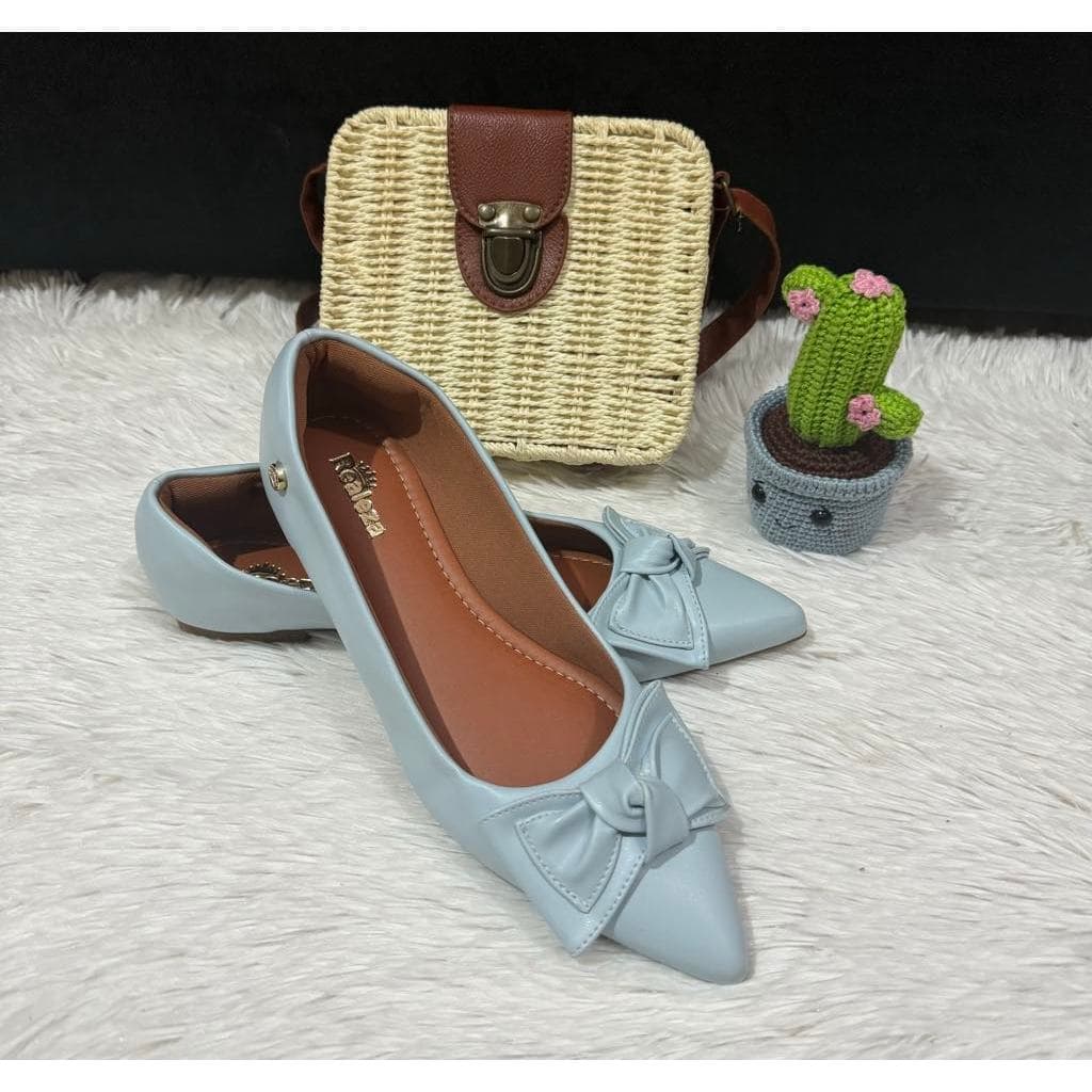 Sapatilha Feminina Bico Fino Azul Claro Laço Luxury Confort