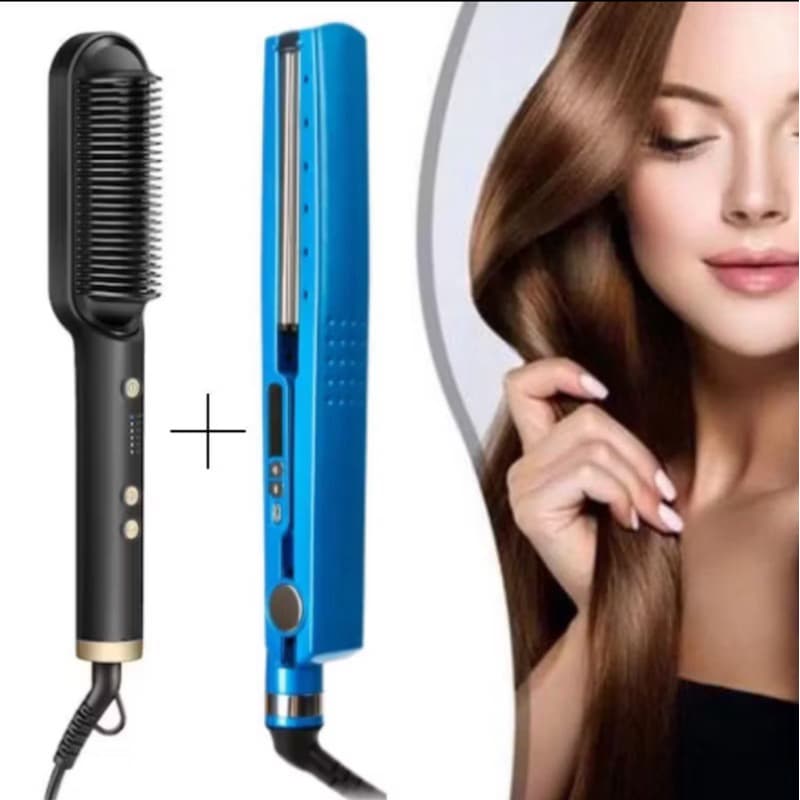 Kit Escova Alisadora Bivolt 5 em 1 + Chapinha de Cabelo Nano Titanium 450°