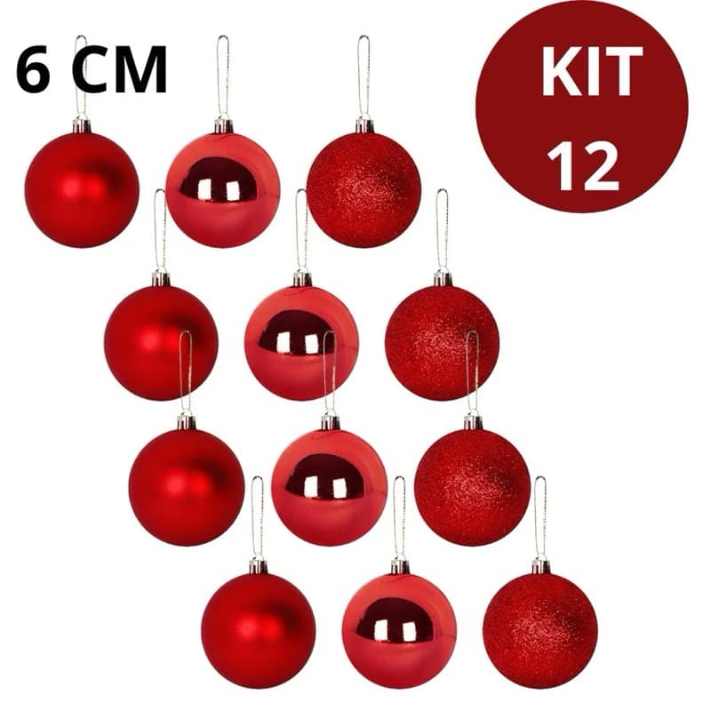 Kit 12 Bolinha Bola Para Arvore Natal Decoração Vermelho 6cm Enfeite Papai Noel Dourado Glitter