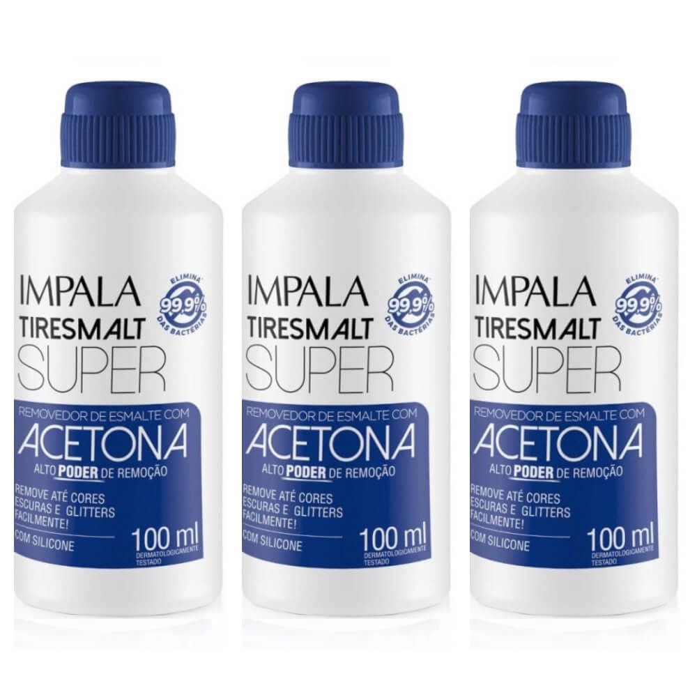 Kit com 3 Removedores de Esmalte com Acetona Impala Tiresmalt Super 100ml