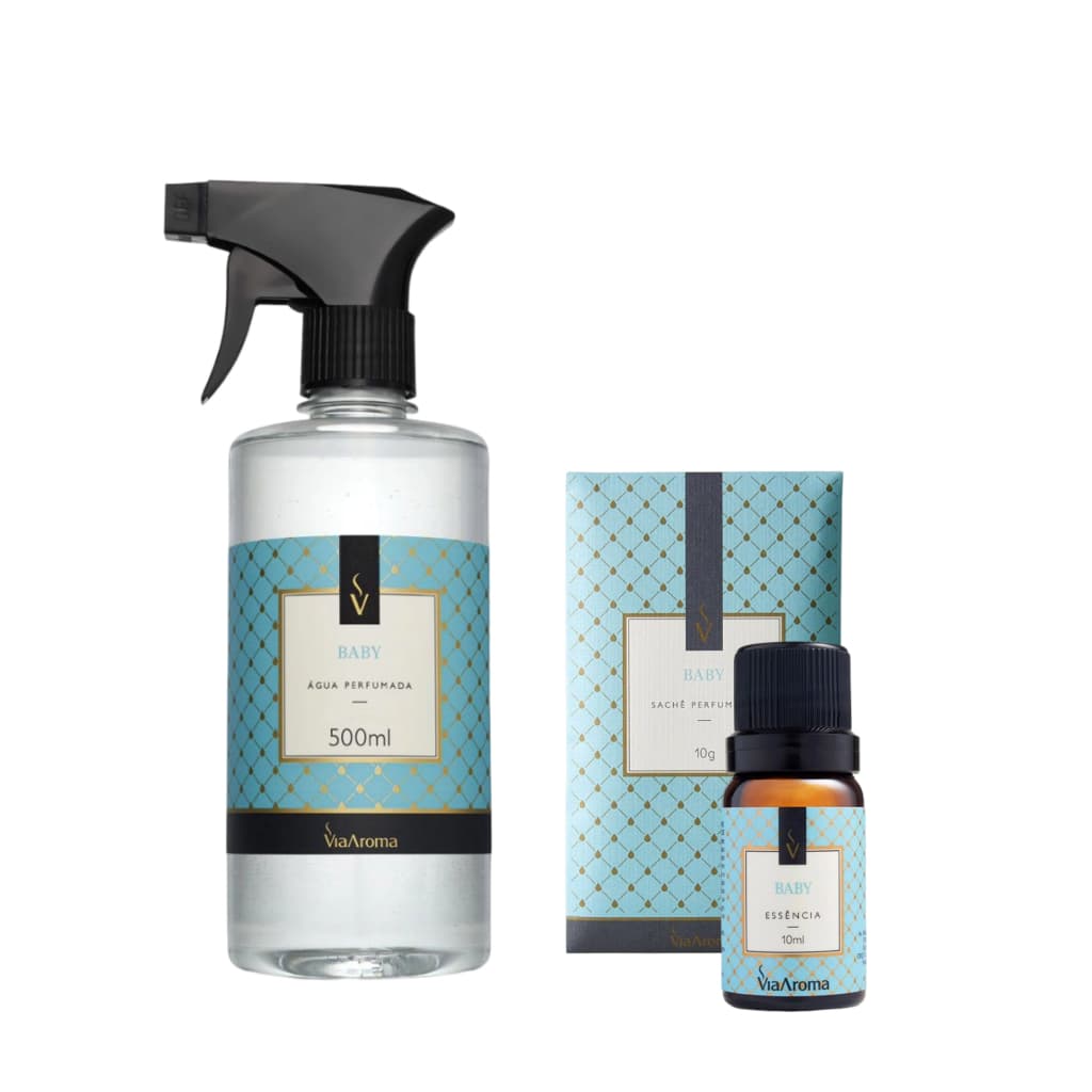 AGUA PERFUMADA 500 ML BABY + SACHÊ 10G + ESSENCIA 10ML BABY VIA AROMA