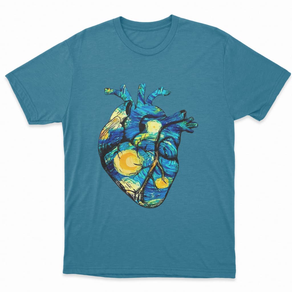 Camiseta Van Gogh Coração Noite Estrelada Coração Humano 100% Algodão Arte Unissex