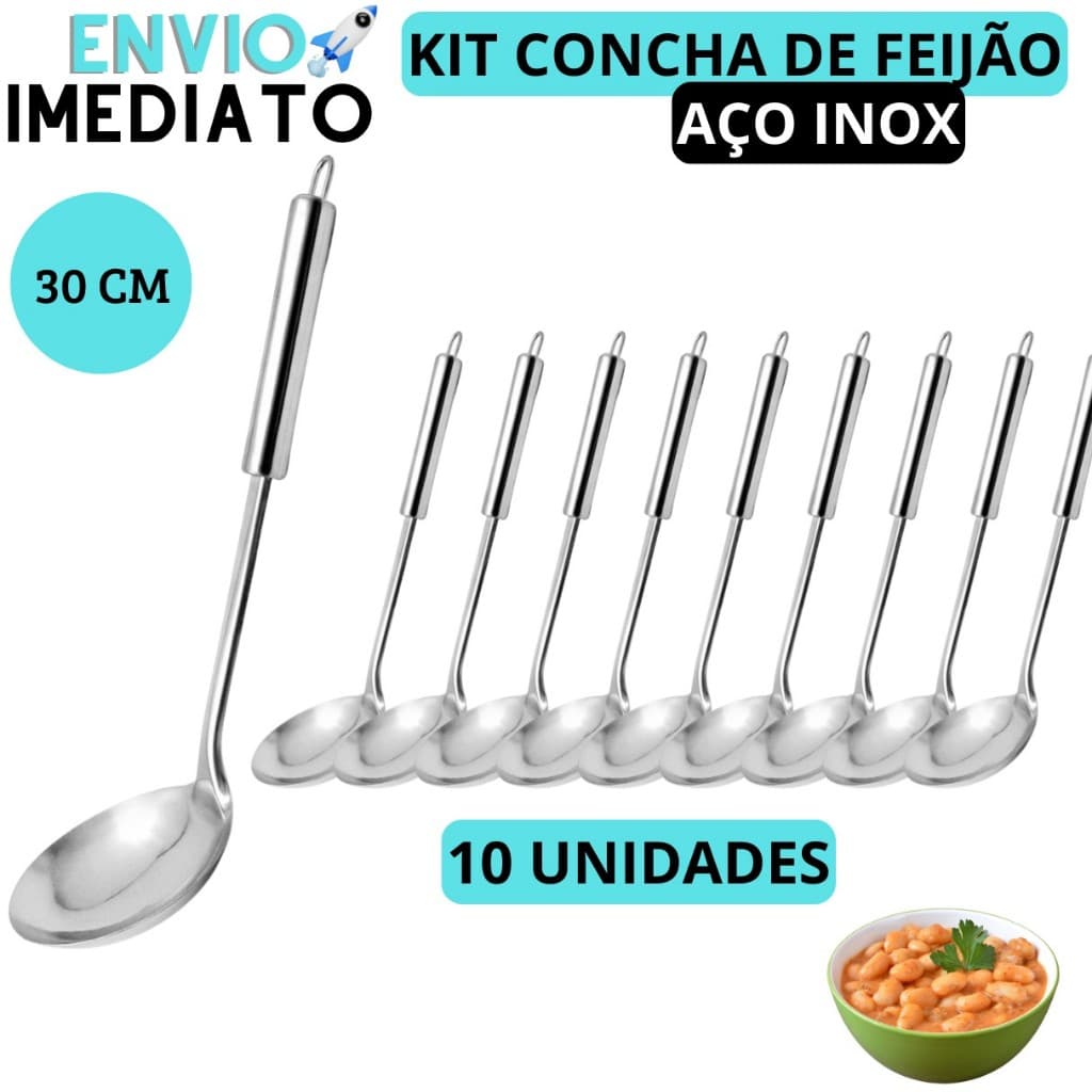 Kit 10 Conchas Aço inox Concha Para Feijão, Feijoada, Caldos, Sopas, Molhos Resistente Restaurantes