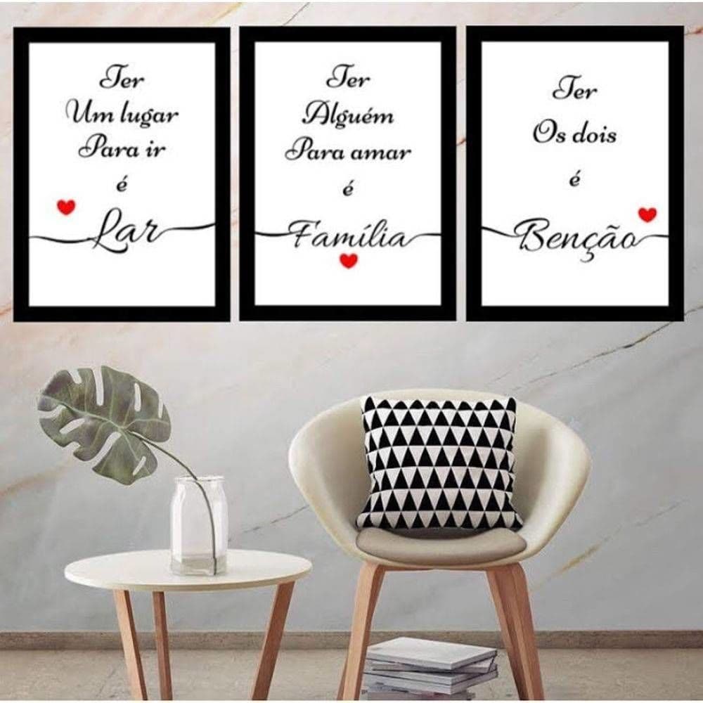 Kit Quadros Decorativos 3 Peças Lar Família Benção Deus Jesus Religião Coração