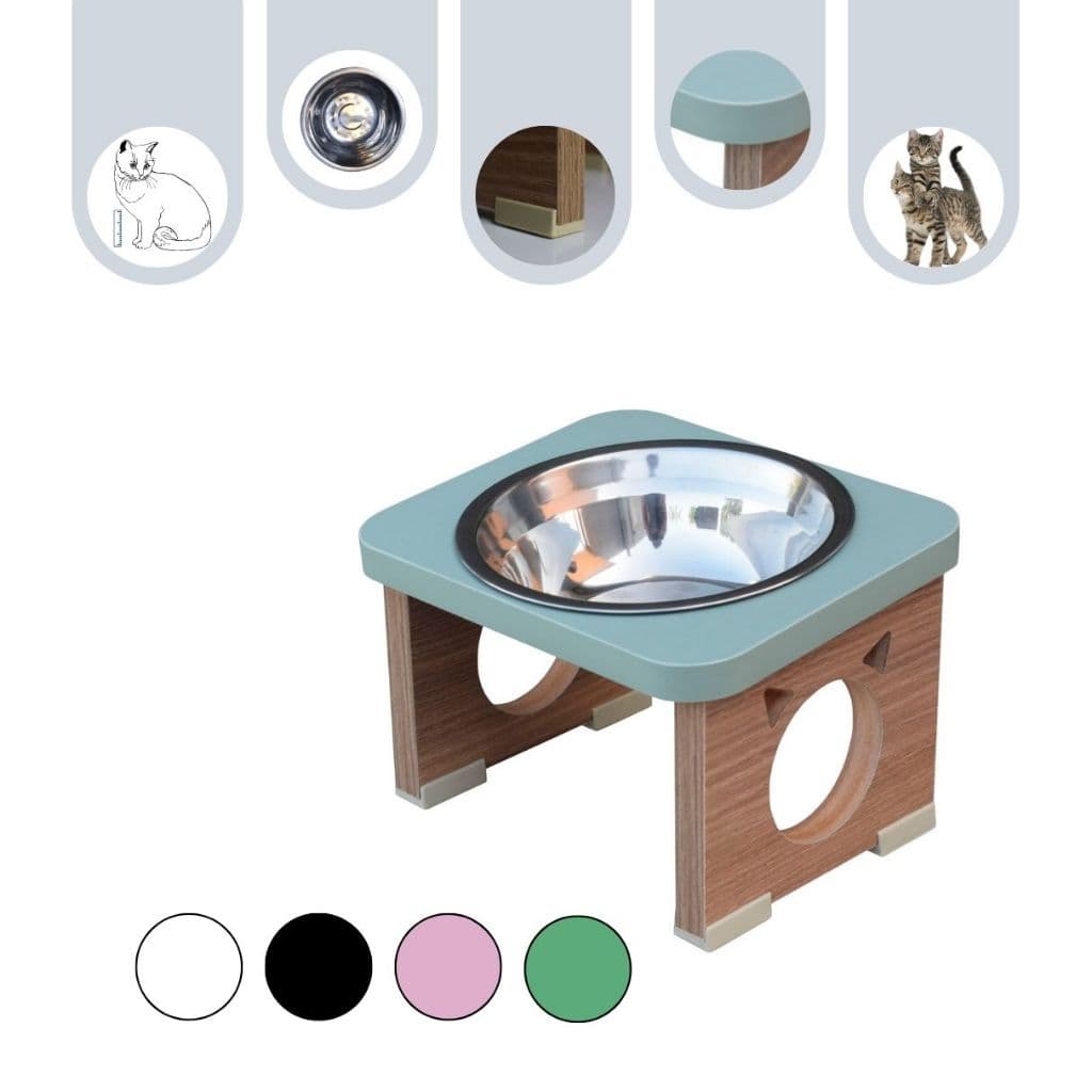 Comedouro Gato Elevado Ergonômico Anti Vômito - Tigela Inox Porcelana - MDF Colorido 15 cm