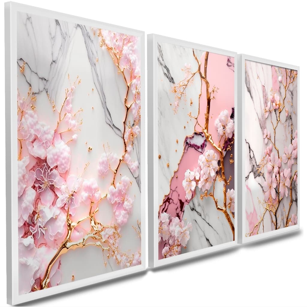 Kit Quadros Decorativos Galhos De Flores Rosas Com Fundo Abstratos Em Tons De Rose 3 Peças (MARMORE)