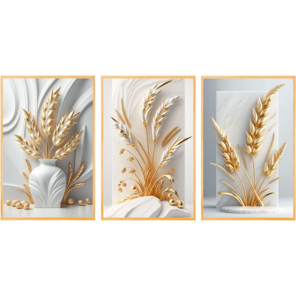 Kit Quadros Decorativos Quadros Luxos Flores Trigos Dourados Brilhantes Gold Salas Quartos (TRIGO)