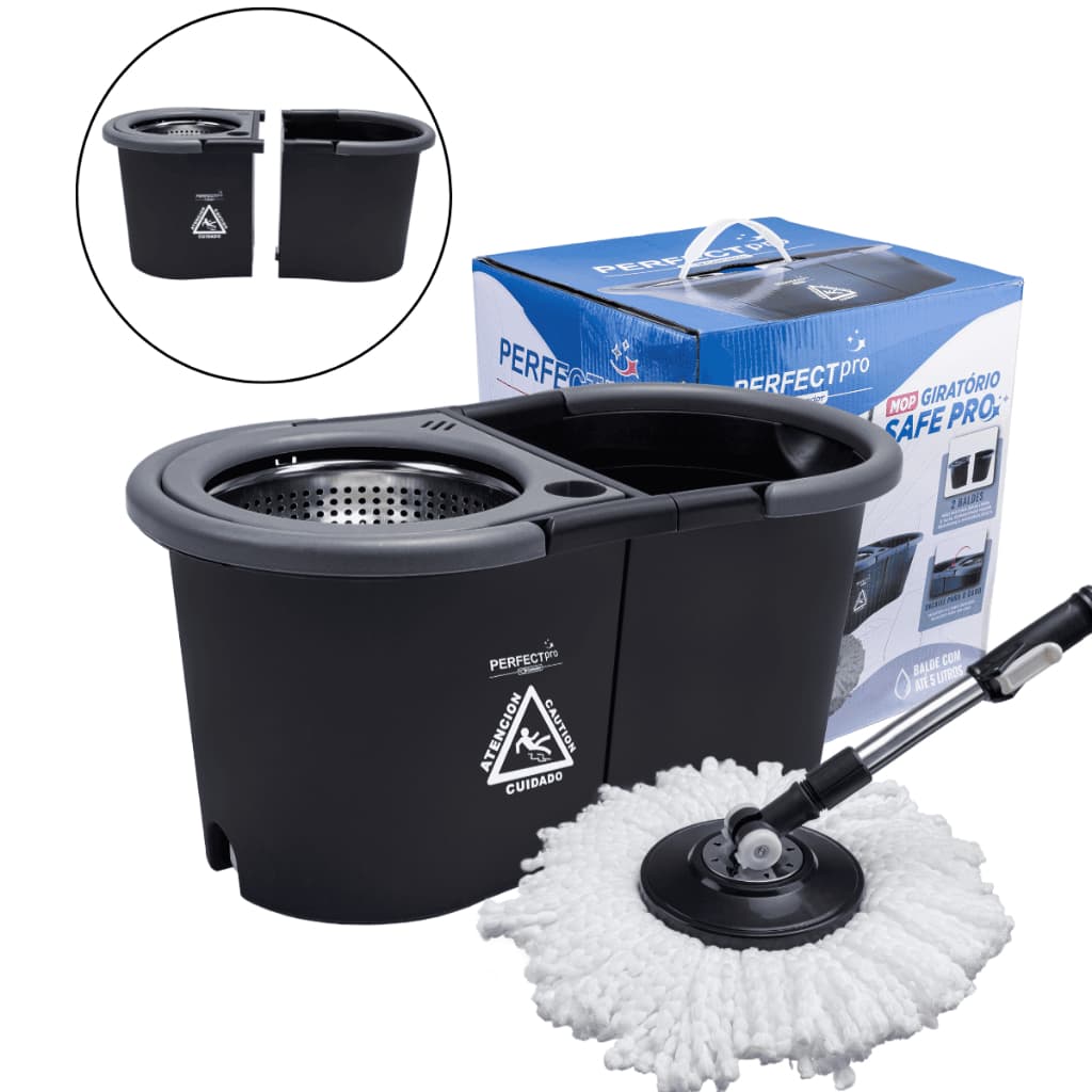 Balde Mop Esfregão Girátorio Perfect Cesto Inox 360 Rodo Limpeza Black
