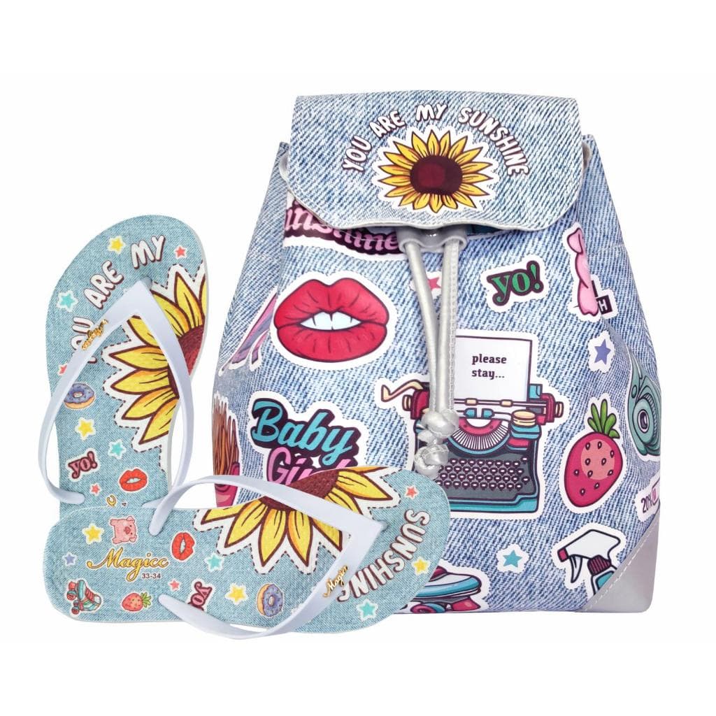 Kit Infantil Mochila Infantil com Chinelo Infantil Sandália Slim Menina Stickers Magicc Bolsas 1371