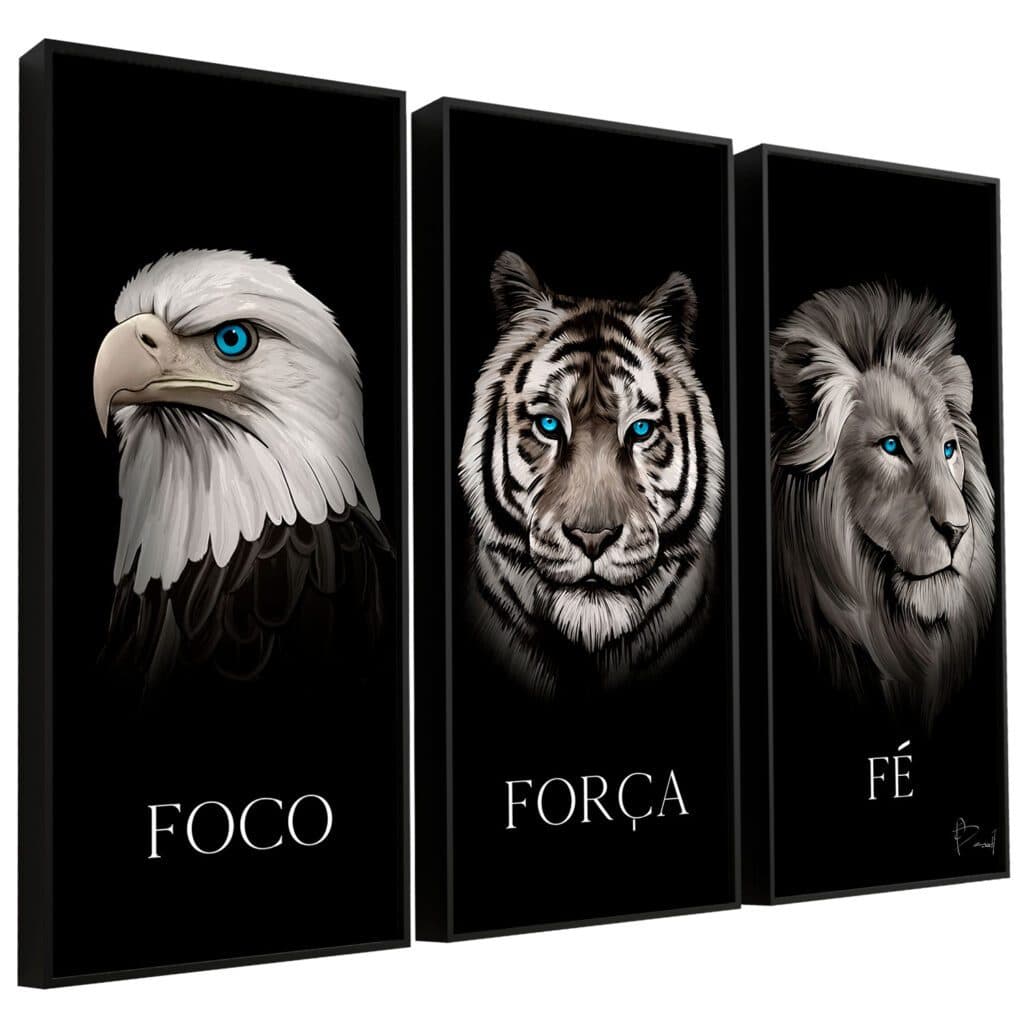 Kit Quadros Decorativos  Foco Força Fé Motivação Disciplina Religião Leão Tigre Águia Academia