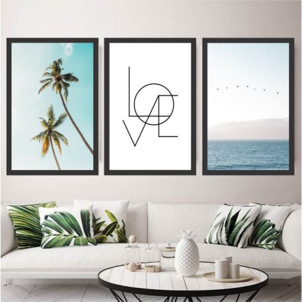 Kit Quadros Decorativos 3 Peças Praia Love Azul Mar Água Férias Quarto Cozinha