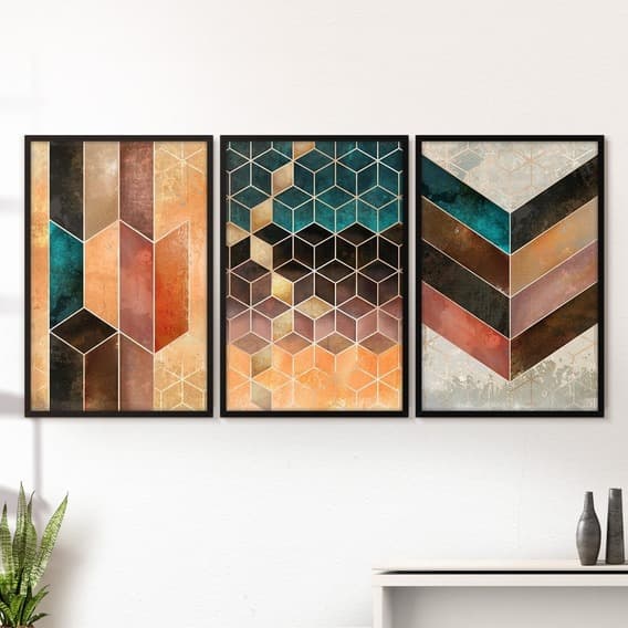 Kit Quadros Decorativos 3 Peças Abstrato Colmeia Cubos Triângulos Arte Pintura Lindo