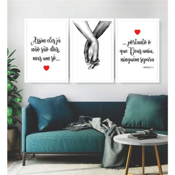 Kit Quadros Decorativos 3 Peças Mão Casal Apaixonado Amor Romântico Presente Quarto Cama