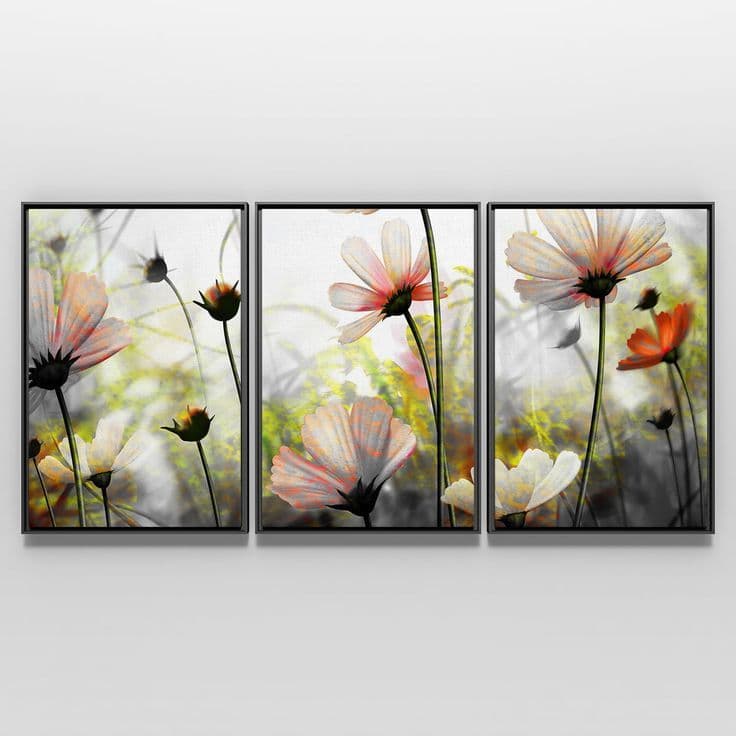 Kit Quadros Decorativos  Campo Flor Colorido Vivo Pintura Arte Abstrato Transparente Quarto Casal