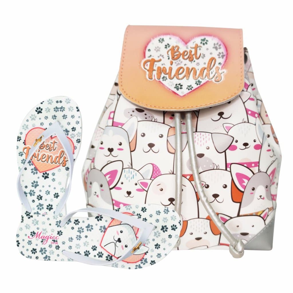 Kit Infantil Mochila Infantil e Chinelo Infantil Sandália Slim Cachorrinhos Magicc Bolsas KMOCH-011