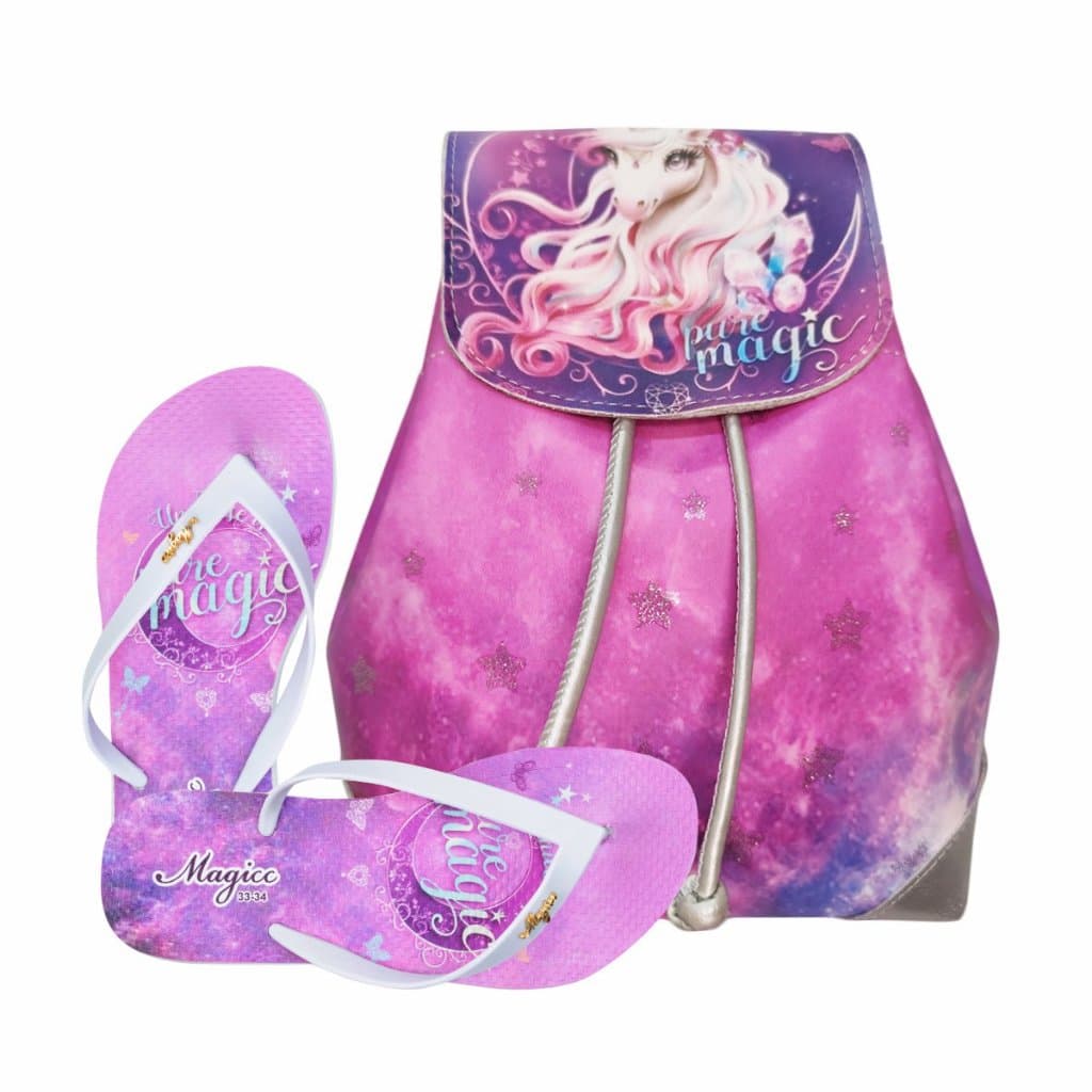 Kit Infantil Mochila Infantil com Chinelo Infantil Sandália Slim Unicórnio Magicc Bolsas  KMOCH-009