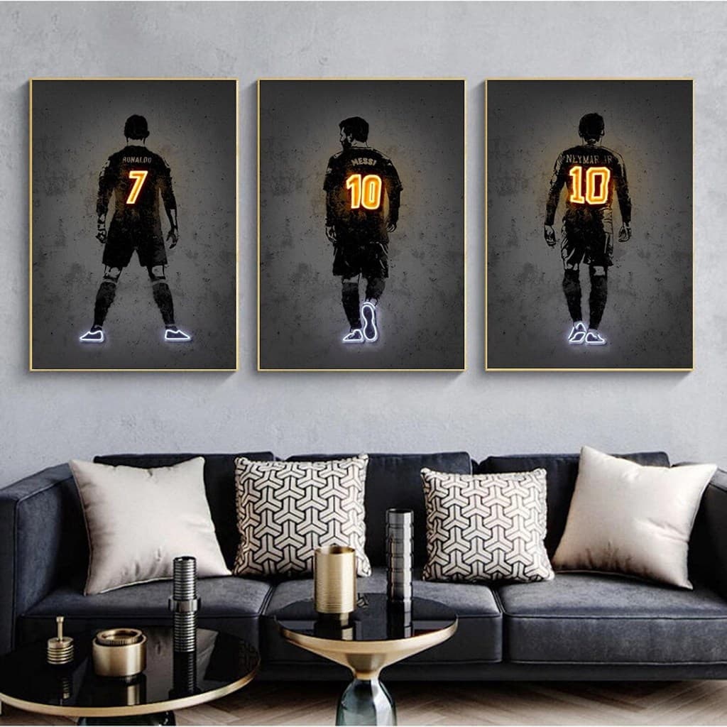 Kit Quadros Decorativos 3Peças Jogador Futebol Esporte Cristiano Ronaldo Messi Neymar Copa Olimpíada