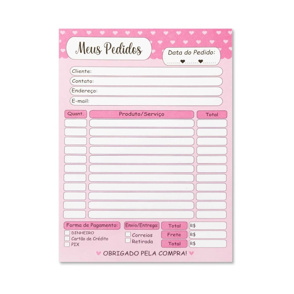 Talão de Pedido 15x20 Pink Coração Branco - Talão com 50 Folhas