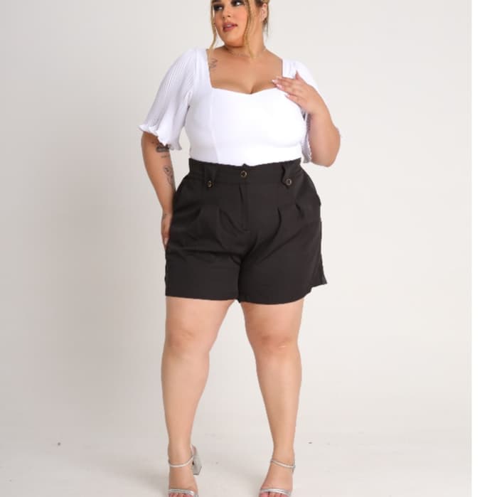 Short Feminino Plus Size Alfaiataria Premium Cintura Alta Bermuda Moda Social Meio Coxa