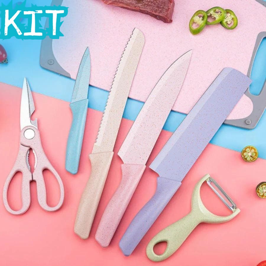Kit 2 Conjunto de Facas 6 Peças Profissional Colorido Chef Pão Legumes Cutelo Tesoura Descascador