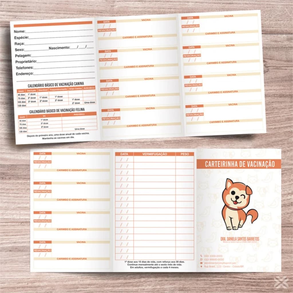 Carteirinha de vacinação para veterinários no tamanho 14x30cm com 2 dobras frente e verso papel sulfite 180g