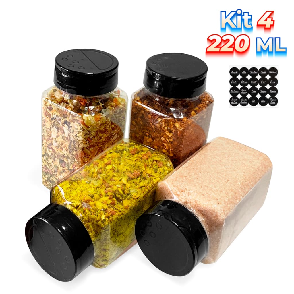 Conjunto de Potes Temperos Sal Parrilha Condimentos Cozinha 220ml Tampa Dupla Etiquetas 4 Peças